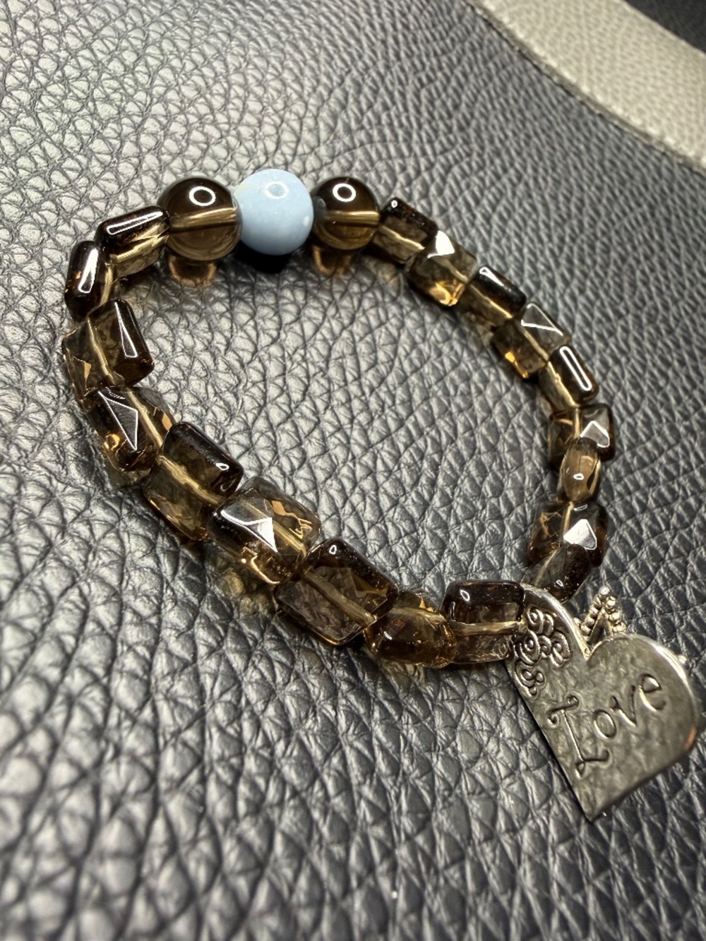 Vintage Smoky Quartz Angelite Stretch Bracelet Silver Tone Love & Star Charm 6"